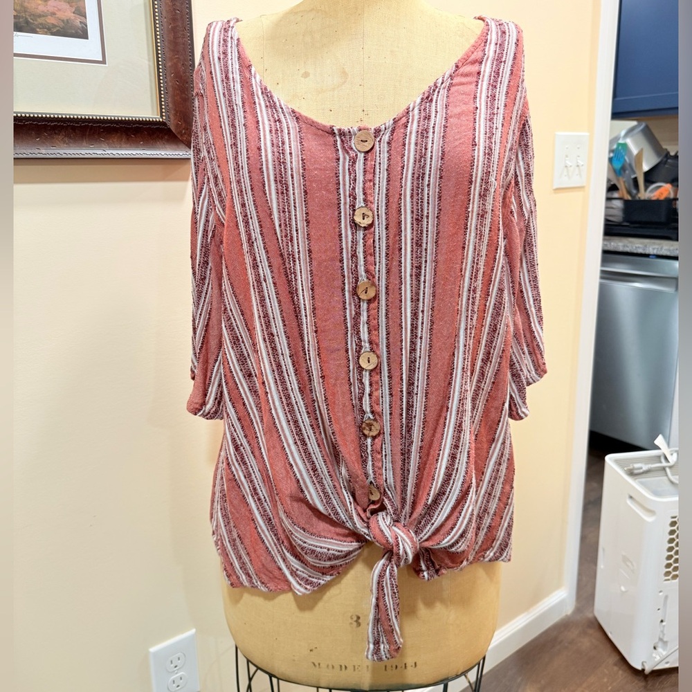A Beautiful Soul Striped Button-Front Top with Tie Hem